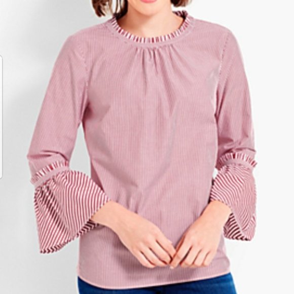 TALBOTS Mixed Striped Flounce Sleeve Ruffle Top - Picture 2 of 10